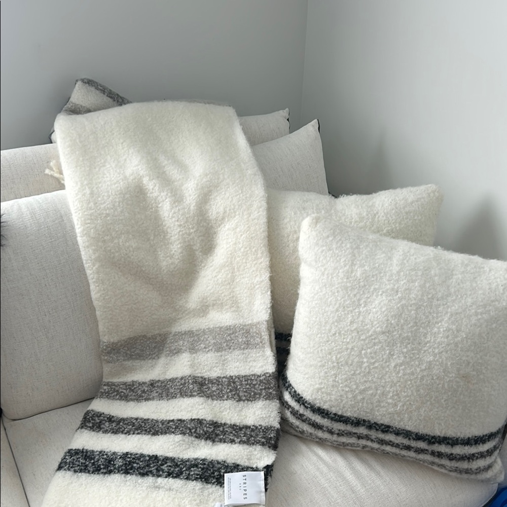 Cozy White and Gray Striped Throw Blanket and Pillow Set